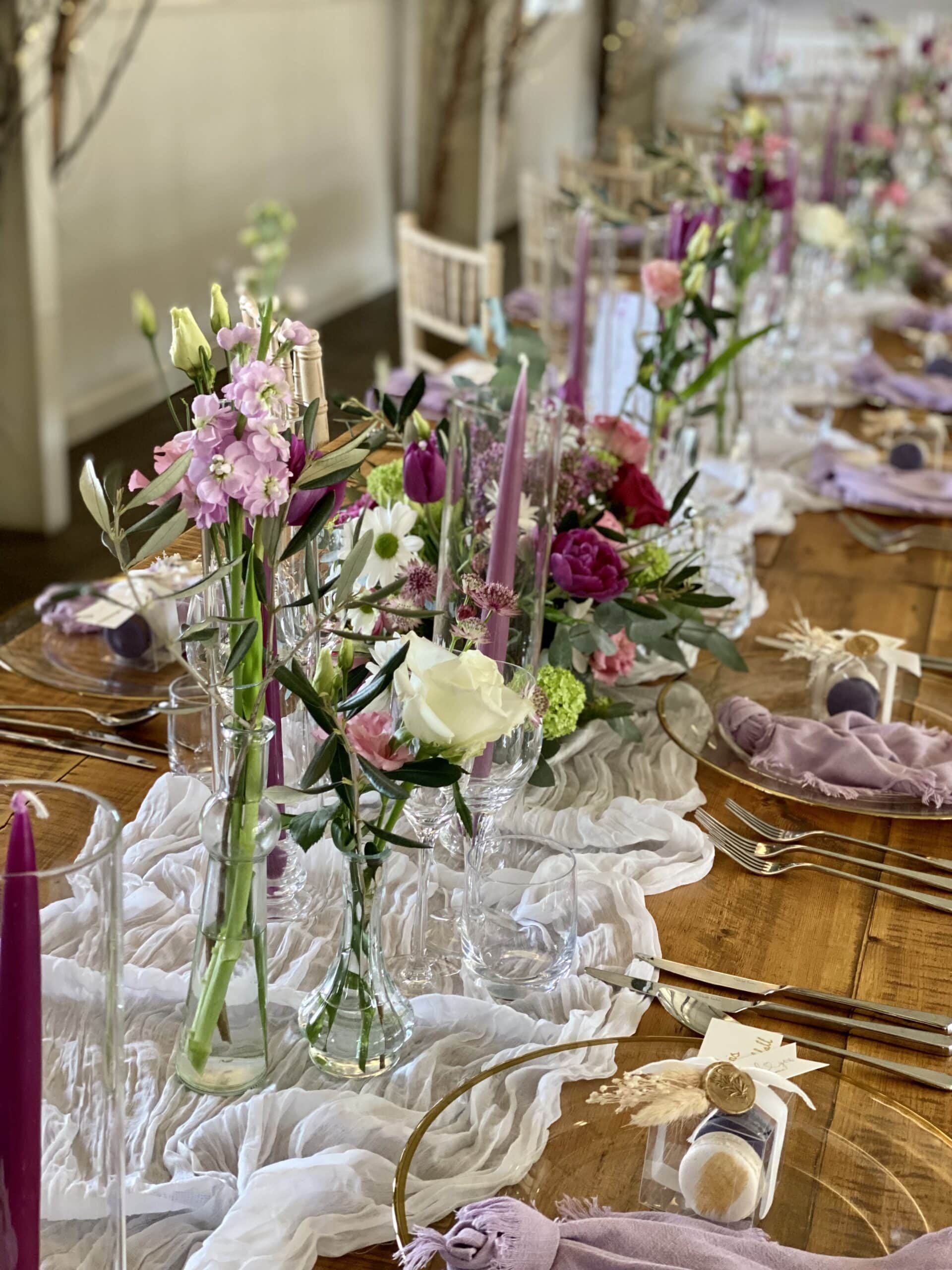 Wedding Flower Trends for 2026 6 bud vases wedding table scaled